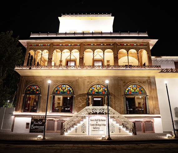 Front view of Townhall Restaurant, a best heritage-style family restaurant in Bharatpur.